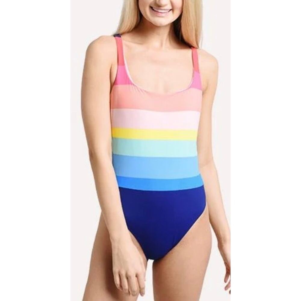 La Blanca Rainbow Stripe One-Piece Swimsuit in Pink, Yellow, Blue